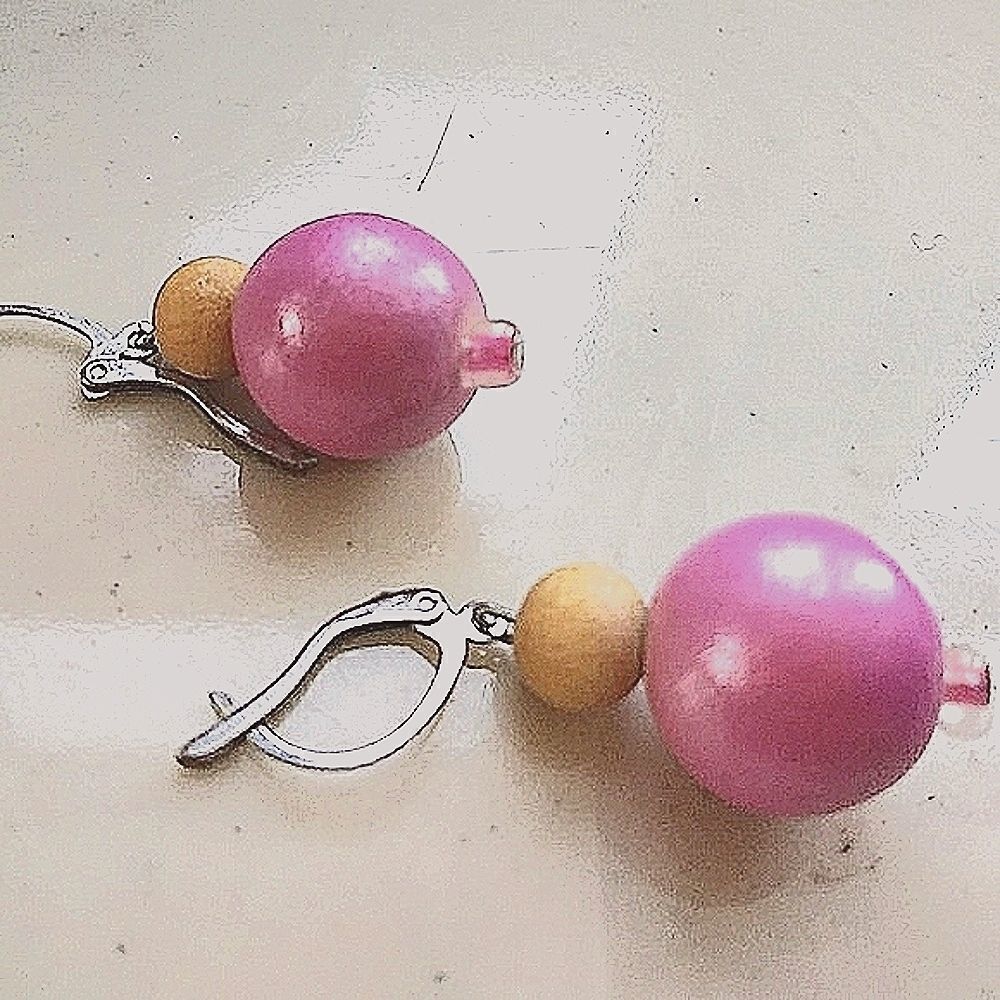 Fuscia And Naturalwoodearrings